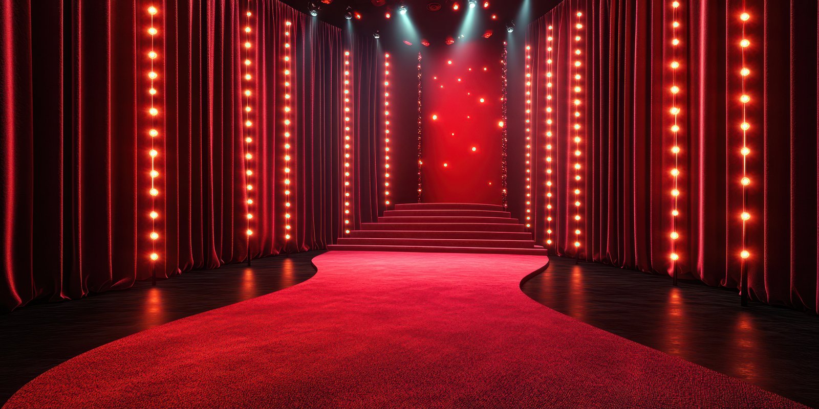 Bright red carpet leading to a stage illuminated by warm lights in a vibrant theater setting during a gala event